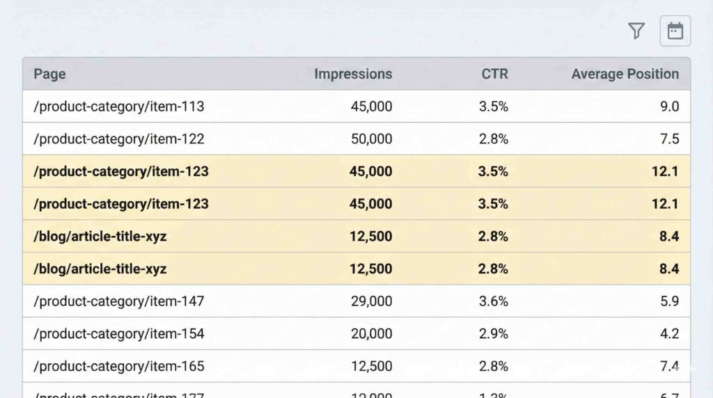 google search console showing pages ranking between positions 5 and 15 with impressions