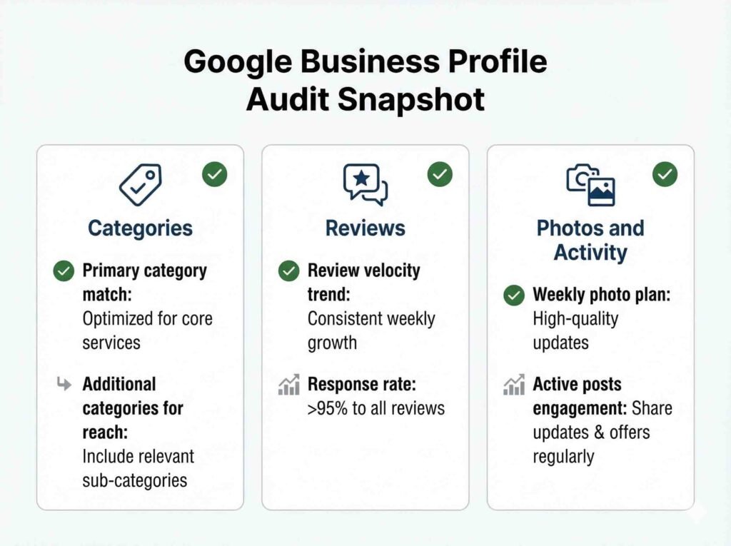 google business profile audit snapshot categories reviews photos
