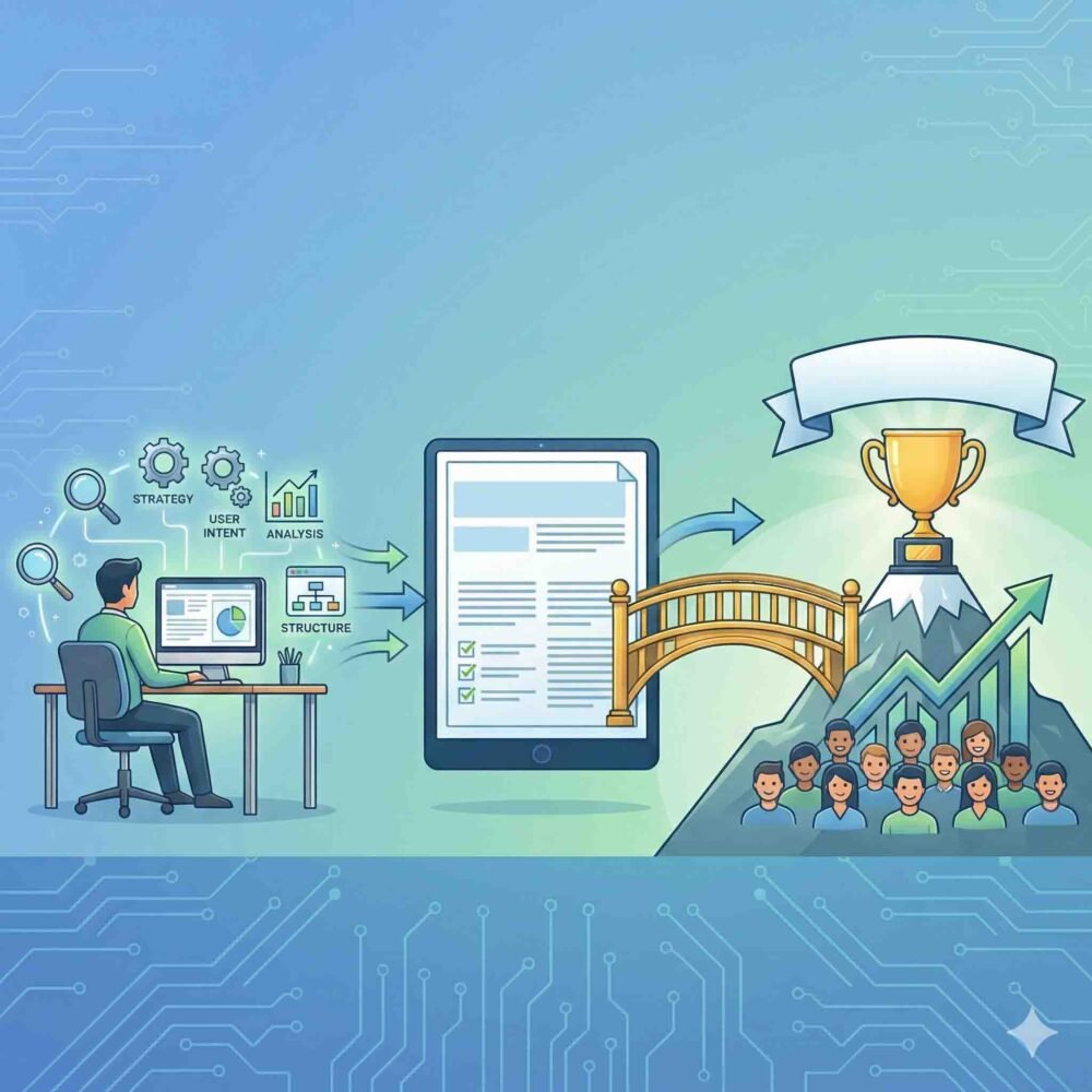 Illustration of the process for creating an SEO-optimized article: from strategy and structure to achieving a high ranking on Google.