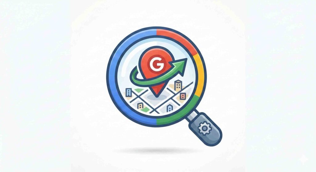 Magnifying glass icon over a map marker representing Local SEO and Google Maps services in Palm Beach County