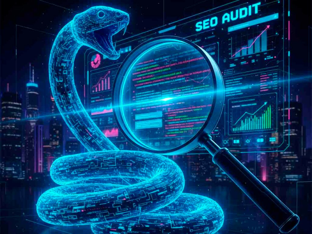 Futuristic visualization of a Python script automating a technical SEO audit, scanning website HTML structure for metadata and canonical errors.